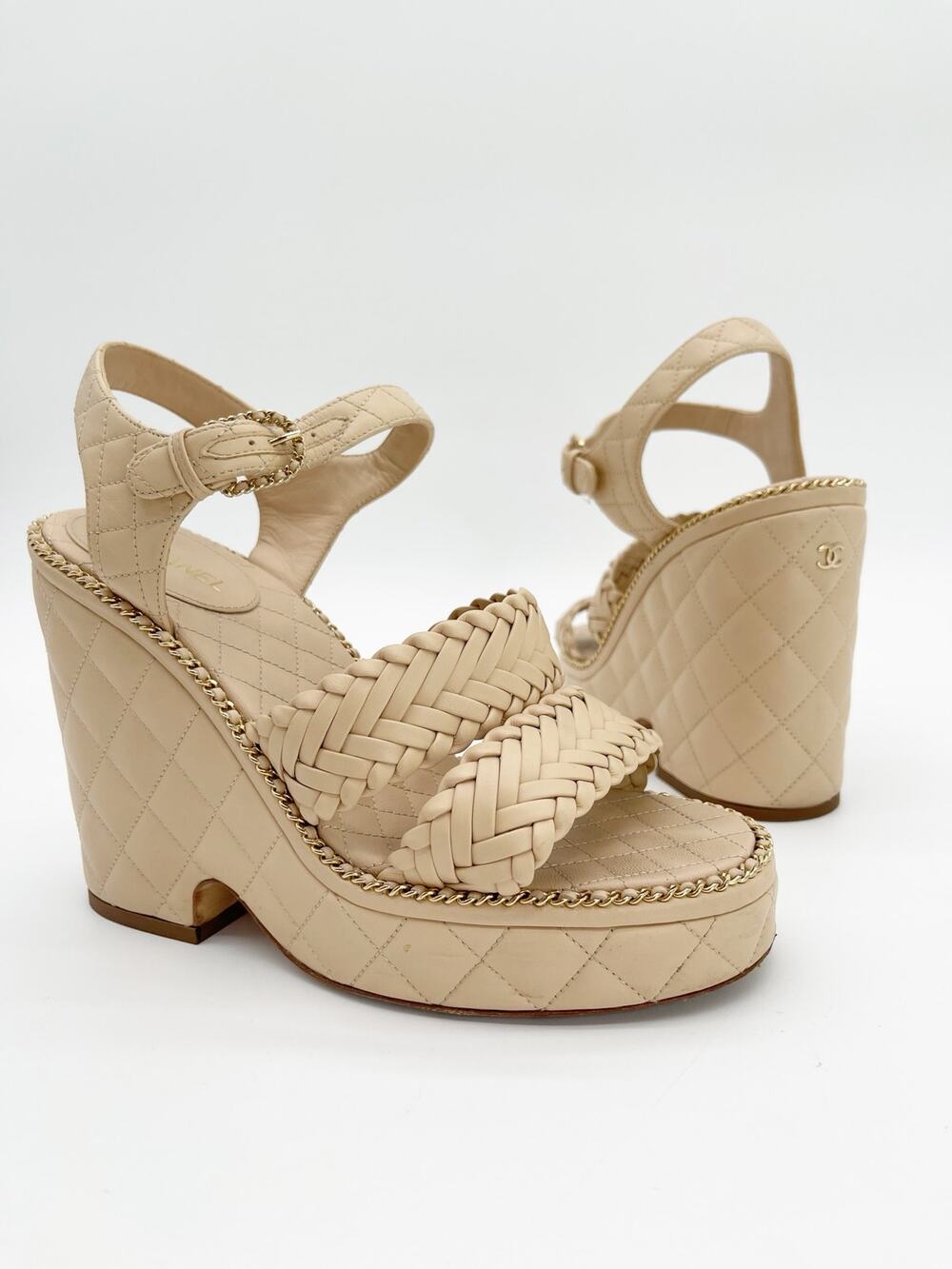 Chanel Spring 2015 Beige Quilted Leather Chain CC Platform Wedge Sandals EU 39